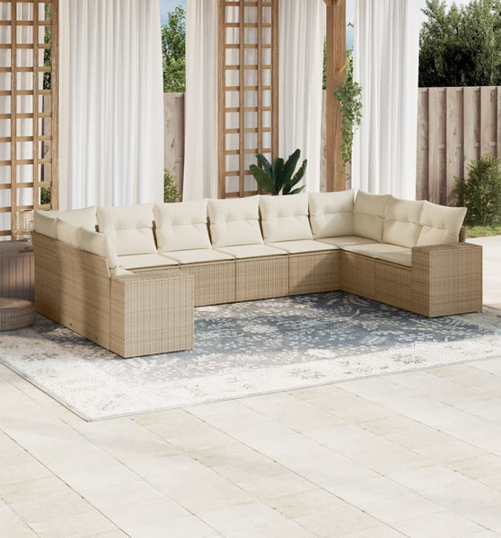10-tlg. Garten-Sofagarnitur mit Kissen Beige Poly Rattan