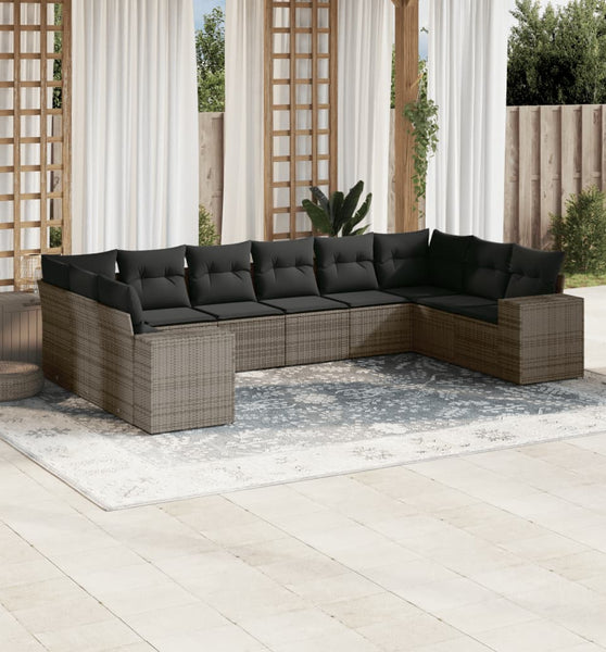 10-tlg. Garten-Sofagarnitur mit Kissen Grau Poly Rattan