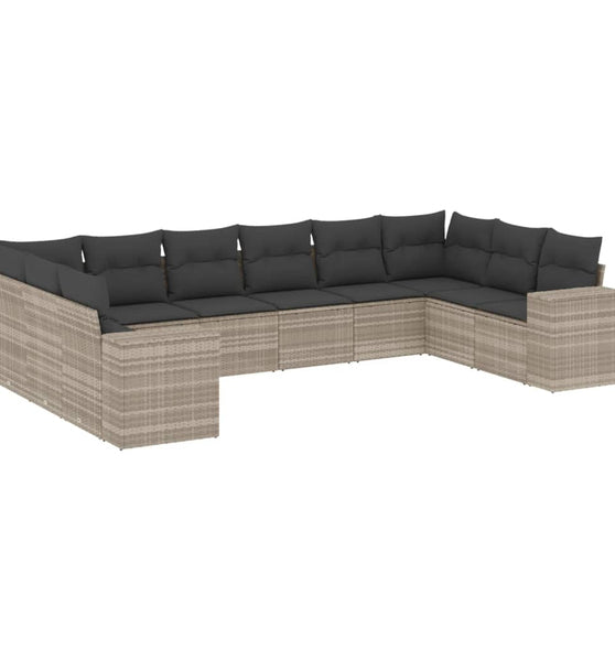 10-tlg. Garten-Sofagarnitur mit Kissen Hellgrau Poly Rattan