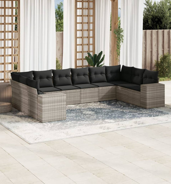 10-tlg. Garten-Sofagarnitur mit Kissen Hellgrau Poly Rattan