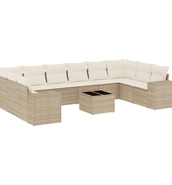 11-tlg. Garten-Sofagarnitur mit Kissen Beige Poly Rattan