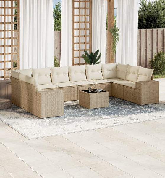 11-tlg. Garten-Sofagarnitur mit Kissen Beige Poly Rattan
