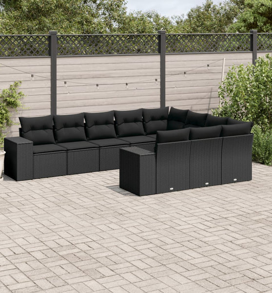 10-tlg. Garten-Sofagarnitur mit Kissen Schwarz Poly Rattan