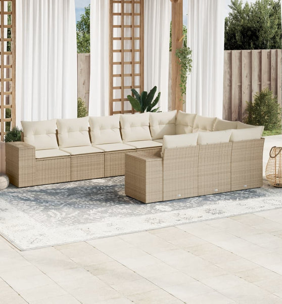 10-tlg. Garten-Sofagarnitur mit Kissen Beige Poly Rattan