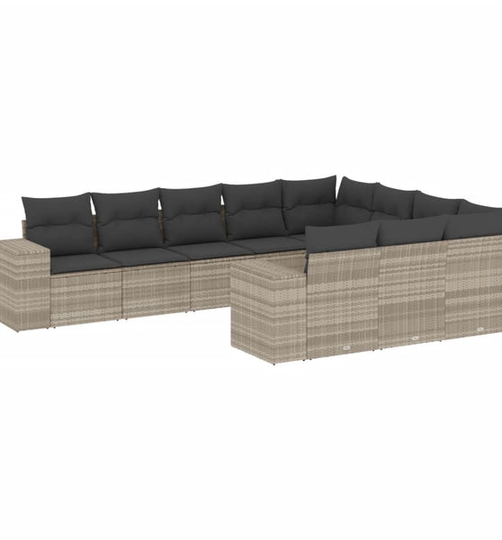 10-tlg. Garten-Sofagarnitur mit Kissen Hellgrau Poly Rattan