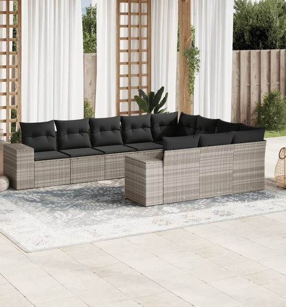 10-tlg. Garten-Sofagarnitur mit Kissen Hellgrau Poly Rattan
