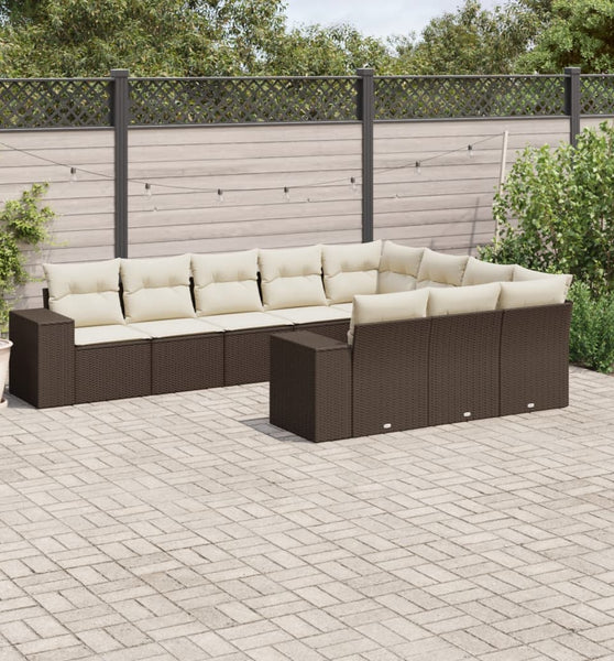 10-tlg. Garten-Sofagarnitur mit Kissen Braun Poly Rattan