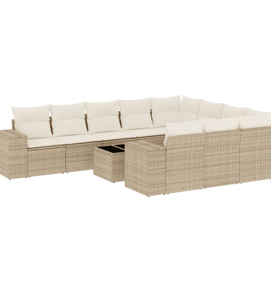 11-tlg. Garten-Sofagarnitur mit Kissen Beige Poly Rattan
