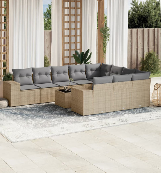 11-tlg. Garten-Sofagarnitur mit Kissen Beige Poly Rattan