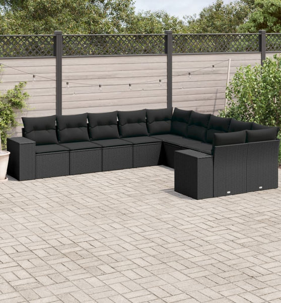 10-tlg. Garten-Sofagarnitur mit Kissen Schwarz Poly Rattan