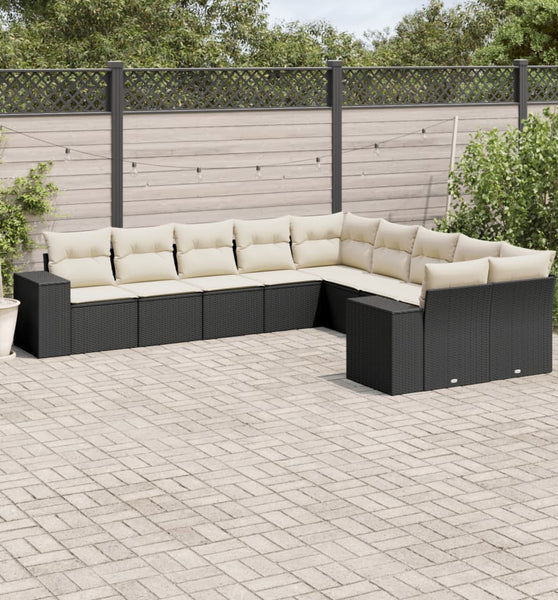 10-tlg. Garten-Sofagarnitur mit Kissen Schwarz Poly Rattan