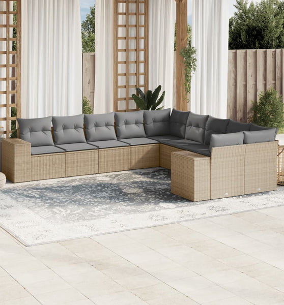 10-tlg. Garten-Sofagarnitur mit Kissen Beige Poly Rattan