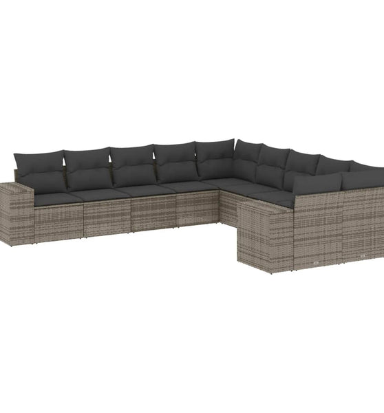 10-tlg. Garten-Sofagarnitur mit Kissen Grau Poly Rattan