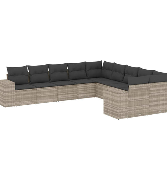 10-tlg. Garten-Sofagarnitur mit Kissen Hellgrau Poly Rattan