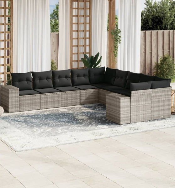 10-tlg. Garten-Sofagarnitur mit Kissen Hellgrau Poly Rattan
