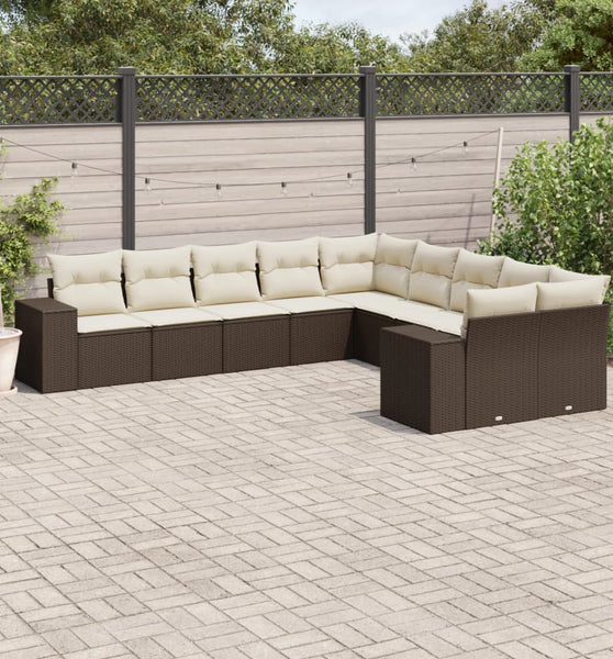 10-tlg. Garten-Sofagarnitur mit Kissen Braun Poly Rattan