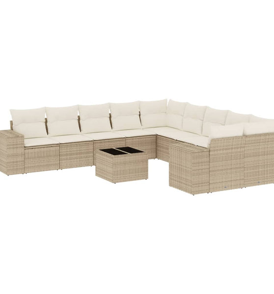 11-tlg. Garten-Sofagarnitur mit Kissen Beige Poly Rattan