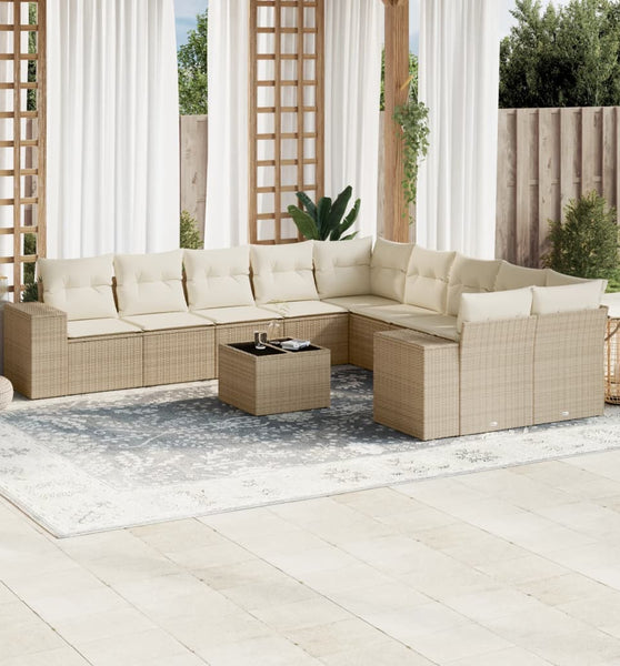 11-tlg. Garten-Sofagarnitur mit Kissen Beige Poly Rattan