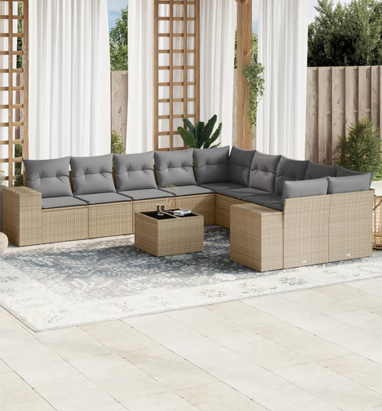 11-tlg. Garten-Sofagarnitur mit Kissen Beige Poly Rattan