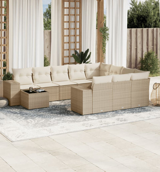 11-tlg. Garten-Sofagarnitur mit Kissen Beige Poly Rattan