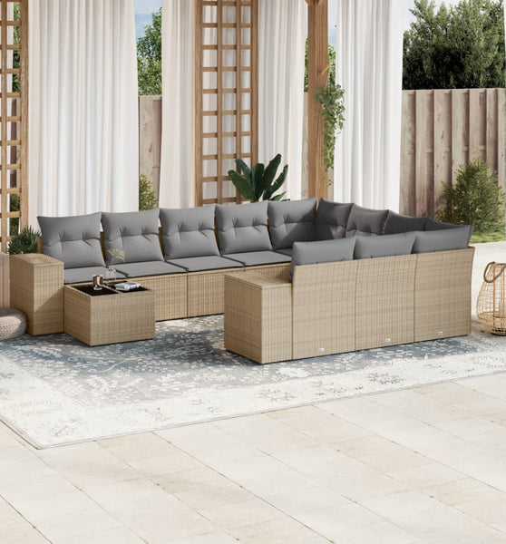 11-tlg. Garten-Sofagarnitur mit Kissen Beige Poly Rattan