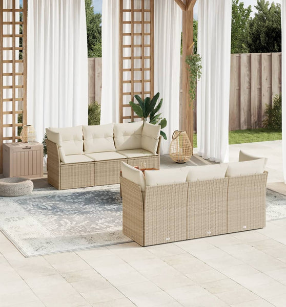 7-tlg. Garten-Sofagarnitur mit Kissen Beige Poly Rattan