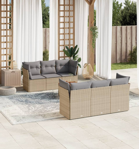 7-tlg. Garten-Sofagarnitur mit Kissen Beige Poly Rattan