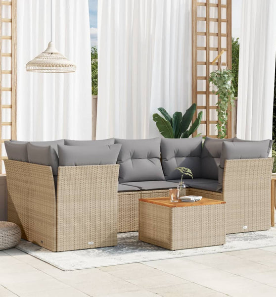 7-tlg. Garten-Sofagarnitur mit Kissen Beige Poly Rattan