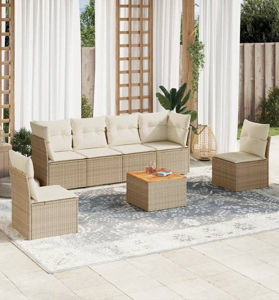 7-tlg. Garten-Sofagarnitur mit Kissen Beige Poly Rattan