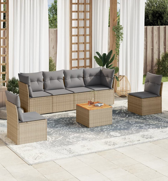 7-tlg. Garten-Sofagarnitur mit Kissen Beige Poly Rattan
