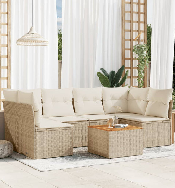 7-tlg. Garten-Sofagarnitur mit Kissen Beige Poly Rattan