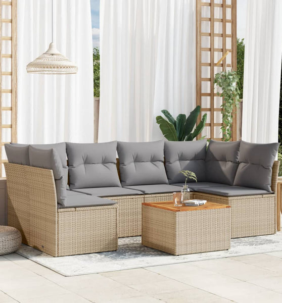 7-tlg. Garten-Sofagarnitur mit Kissen Beige Poly Rattan