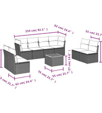 9-tlg. Garten-Sofagarnitur mit Kissen Grau Poly Rattan