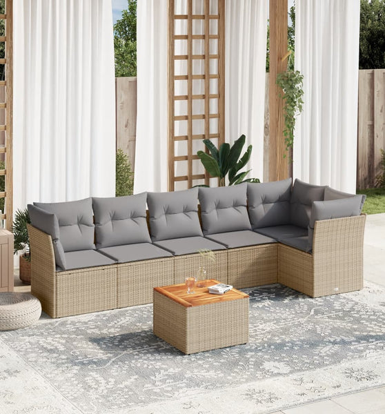 7-tlg. Garten-Sofagarnitur mit Kissen Beige Poly Rattan