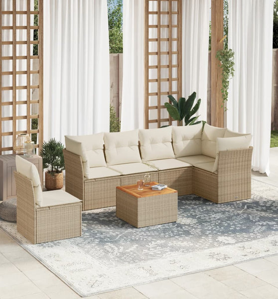 7-tlg. Garten-Sofagarnitur mit Kissen Beige Poly Rattan