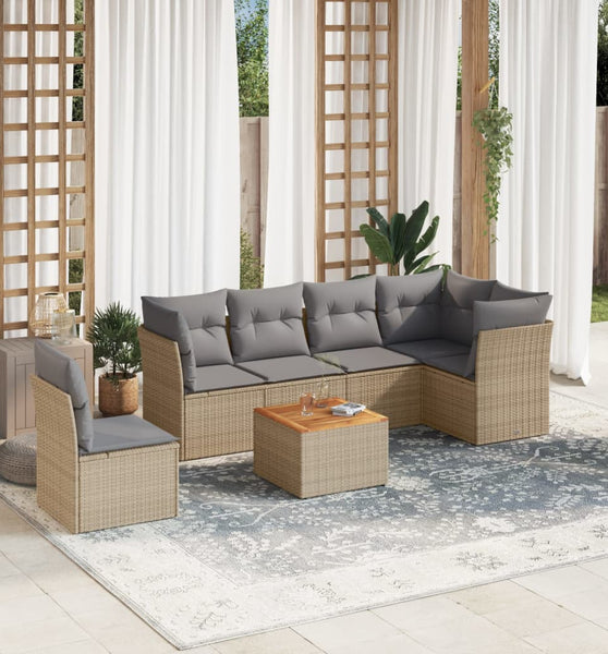7-tlg. Garten-Sofagarnitur mit Kissen Beige Poly Rattan