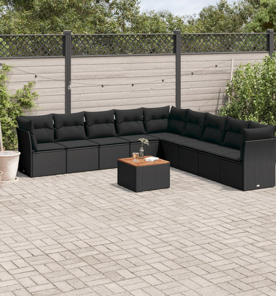 10-tlg. Garten-Sofagarnitur mit Kissen Schwarz Poly Rattan