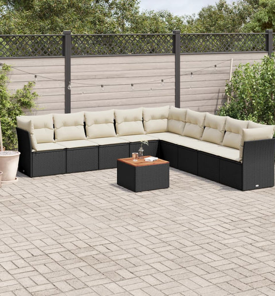10-tlg. Garten-Sofagarnitur mit Kissen Schwarz Poly Rattan