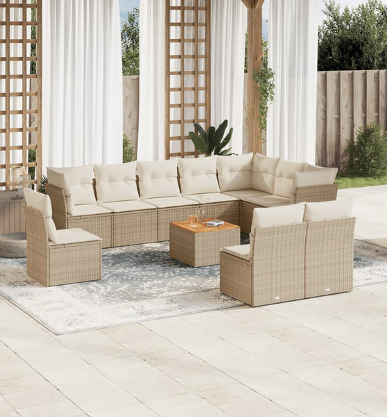 11-tlg. Garten-Sofagarnitur mit Kissen Beige Poly Rattan