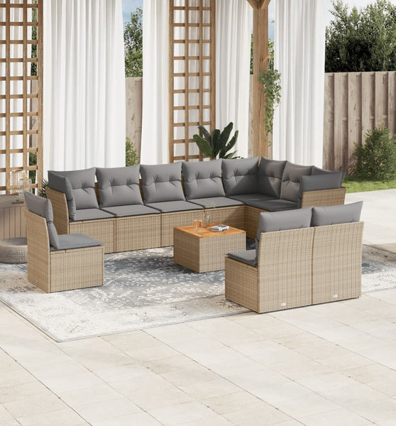 11-tlg. Garten-Sofagarnitur mit Kissen Beige Poly Rattan