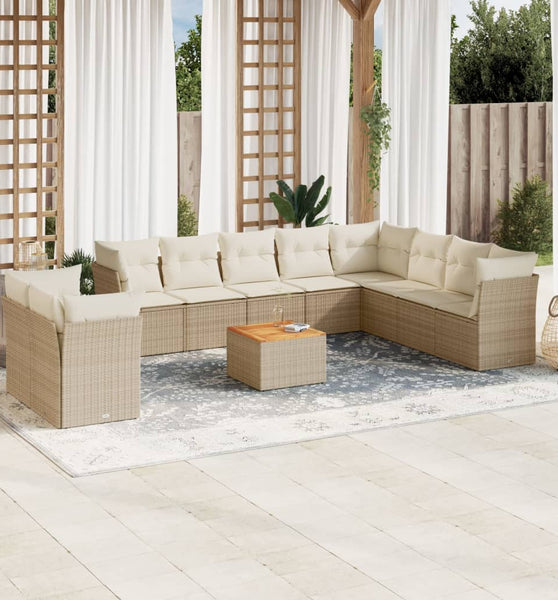 11-tlg. Garten-Sofagarnitur mit Kissen Beige Poly Rattan