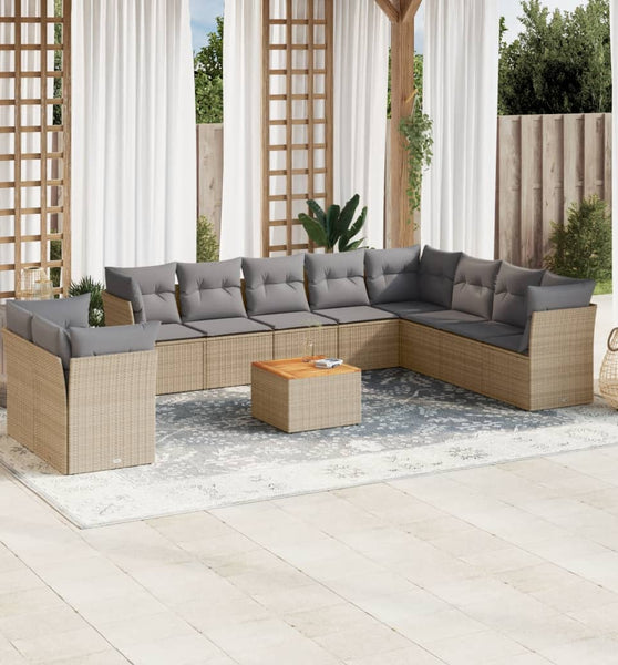 11-tlg. Garten-Sofagarnitur mit Kissen Beige Poly Rattan