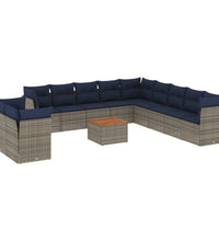 12-tlg. Garten-Sofagarnitur mit Kissen Grau Poly Rattan