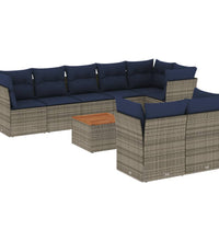 9-tlg. Garten-Sofagarnitur mit Kissen Grau Poly Rattan