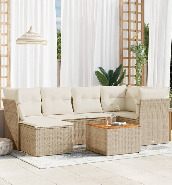 7-tlg. Garten-Sofagarnitur mit Kissen Beige Poly Rattan