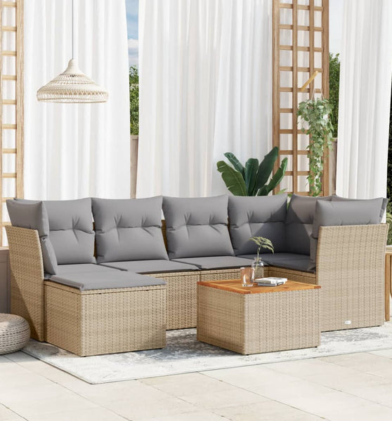 7-tlg. Garten-Sofagarnitur mit Kissen Beige Poly Rattan