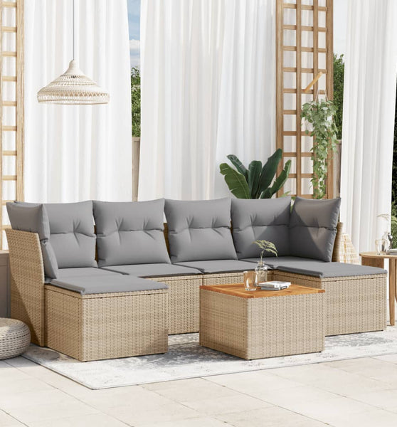 7-tlg. Garten-Sofagarnitur mit Kissen Beige Poly Rattan