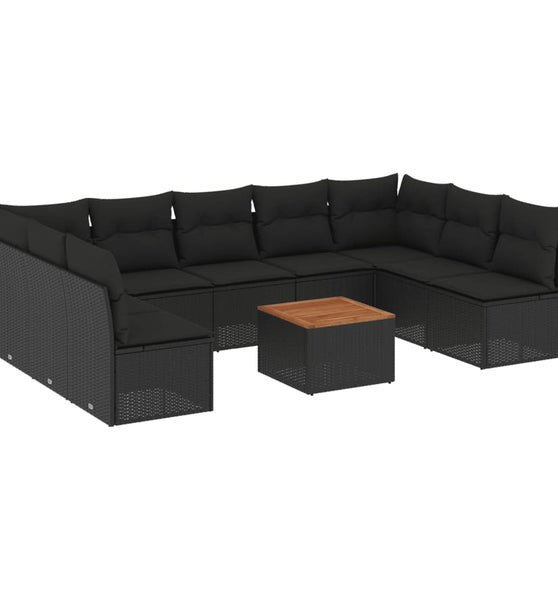 10-tlg. Garten-Sofagarnitur mit Kissen Schwarz Poly Rattan