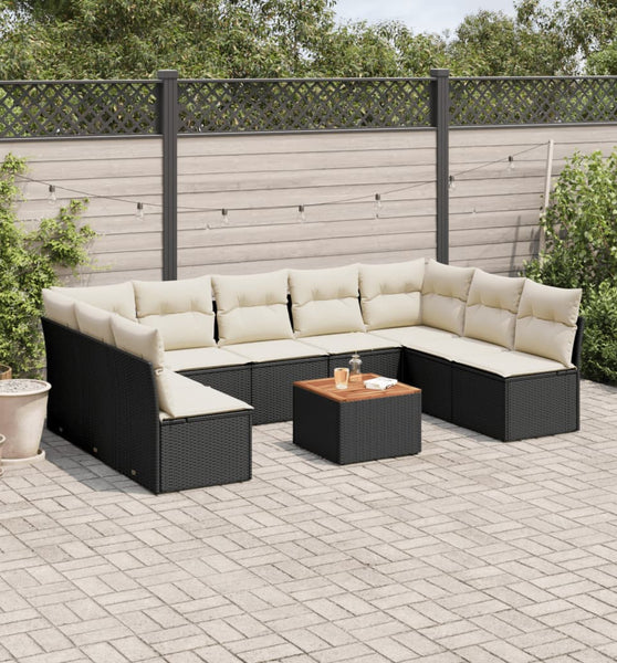 10-tlg. Garten-Sofagarnitur mit Kissen Schwarz Poly Rattan