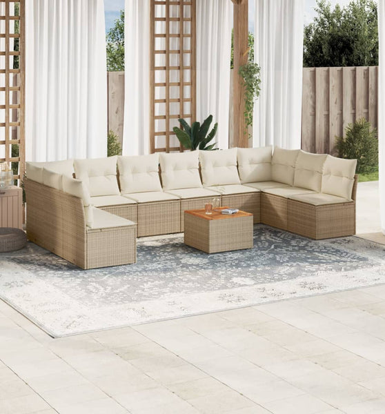 11-tlg. Garten-Sofagarnitur mit Kissen Beige Poly Rattan